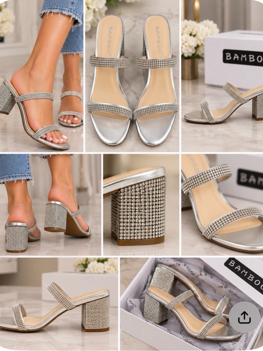BAMBOO Silver Rhinestone Block Heel Sandals - Picture 3 of 5